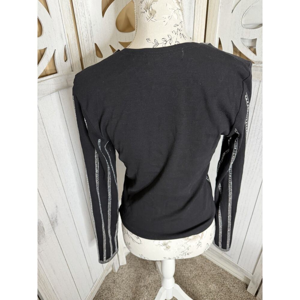 L!C Lizette Collection Black Top Rhinestone Front & Sleeves L/S Glam Sz XL - Picture 3 of 7